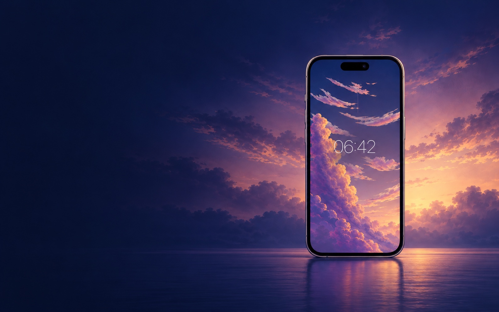 Dawnarc's cloud-filled sky on an iPhone against a luminous sunrise